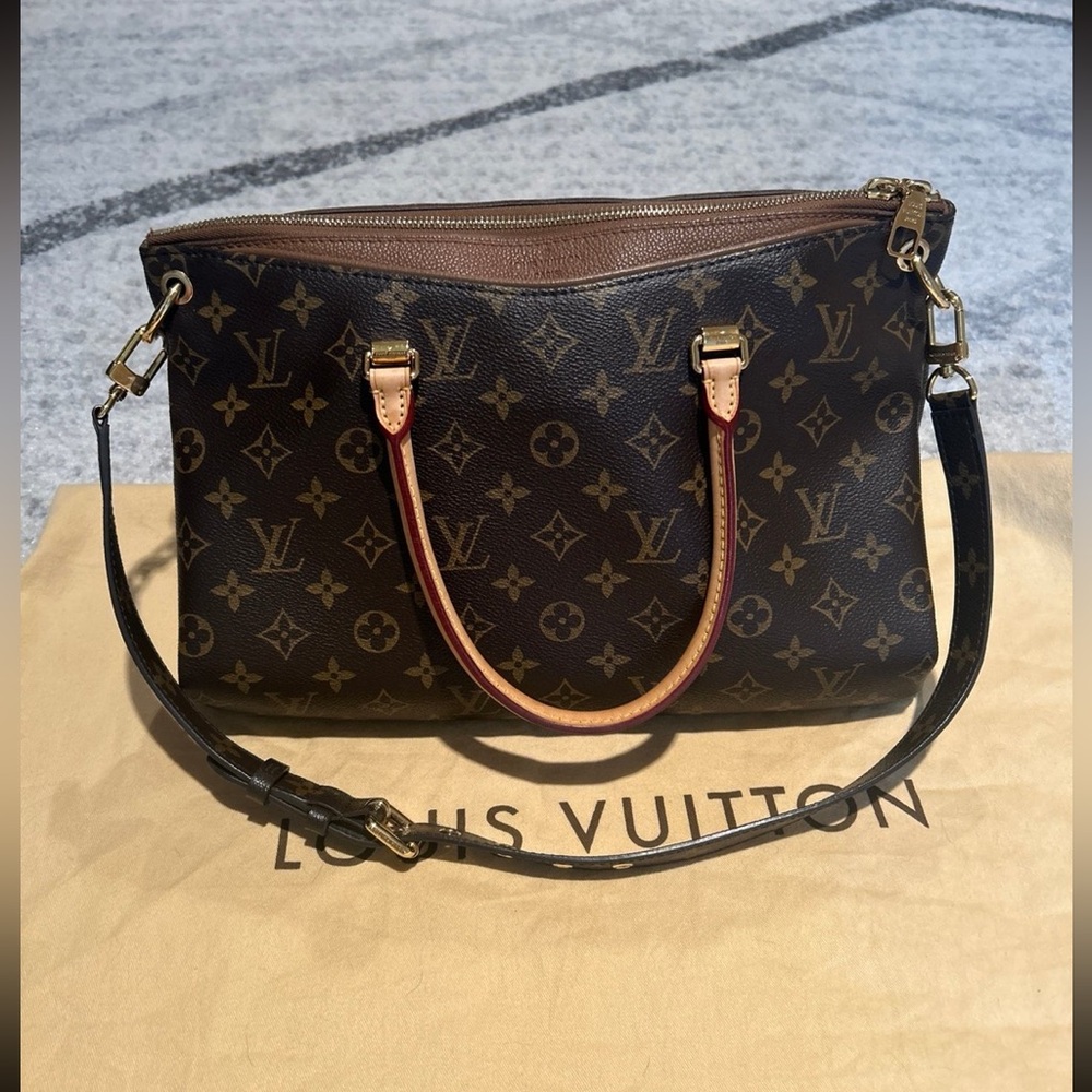 LV Pallas MM monogram canvas in brown leather tote shoulder bag.